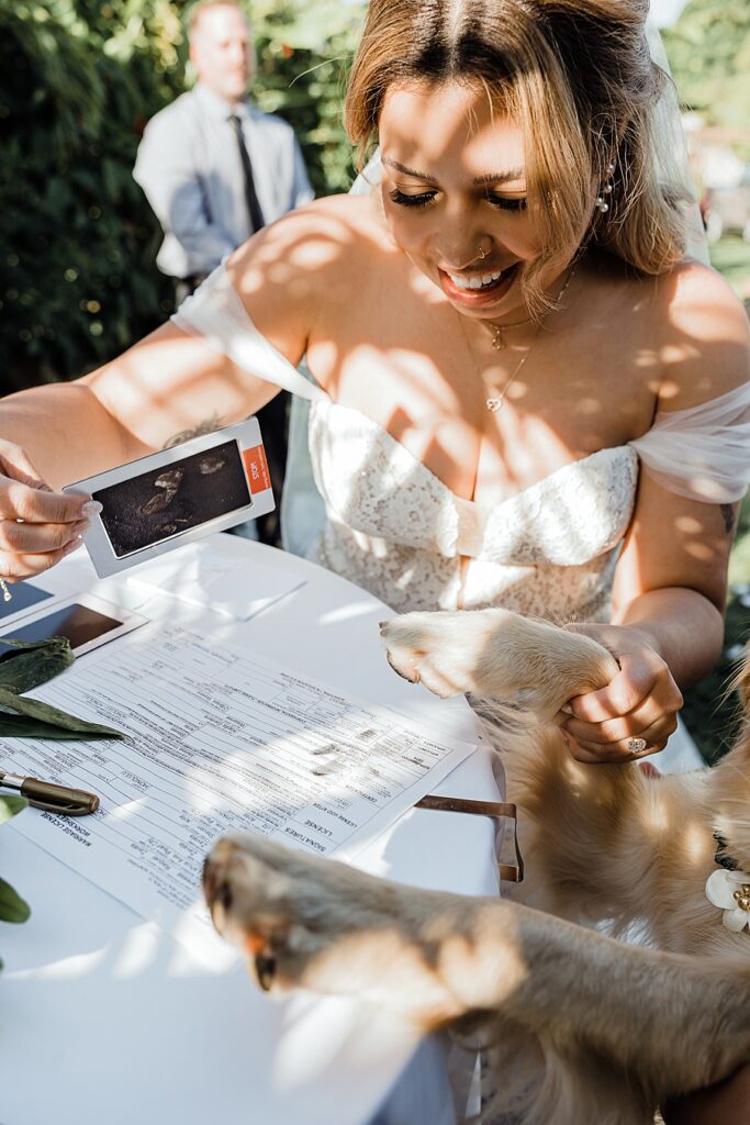 Dogs signing marriage license 