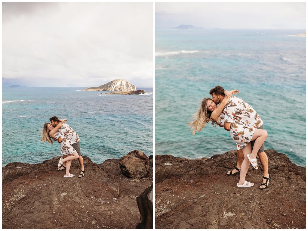 man holding woman on top of makapuu lookout cliff